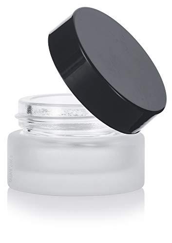 JUVITUS Frosted Clear Glass 5 ml 1/6 oz Small Thick Wall Balm Salve Pot Container Jars with Black Smooth Foam Lined Lids (24 Pack)