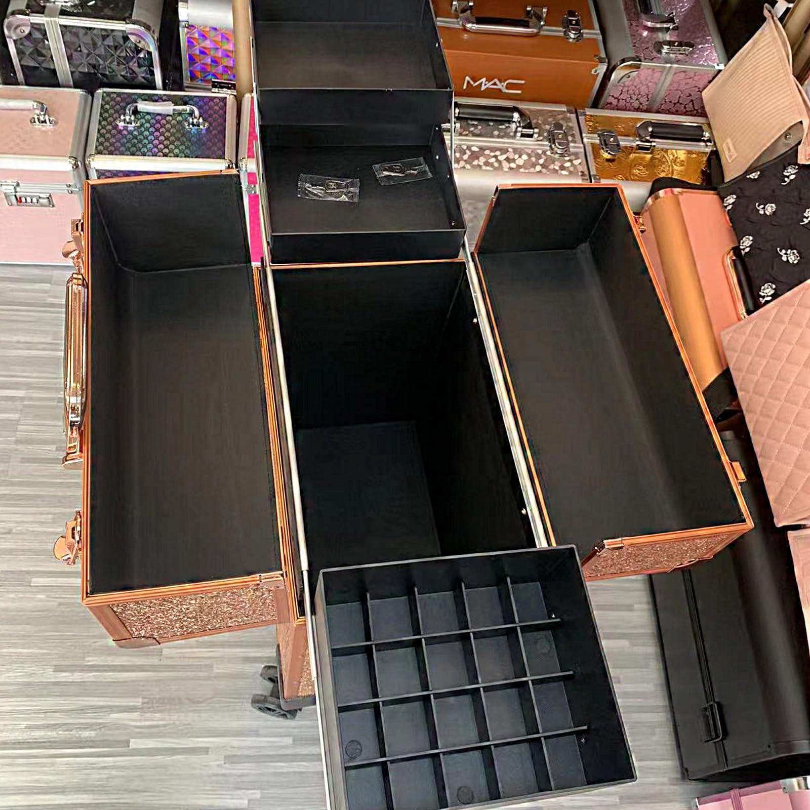 AXHNG Professional Makeup Train Case, Aluminum Cosmetic Case, Rolling Makeup Train Case with Large Drawer with 360 Swivel Wheels and Multi-Layer Storage Provide Life Convenience (H,14.43*8.97*19.11in)
