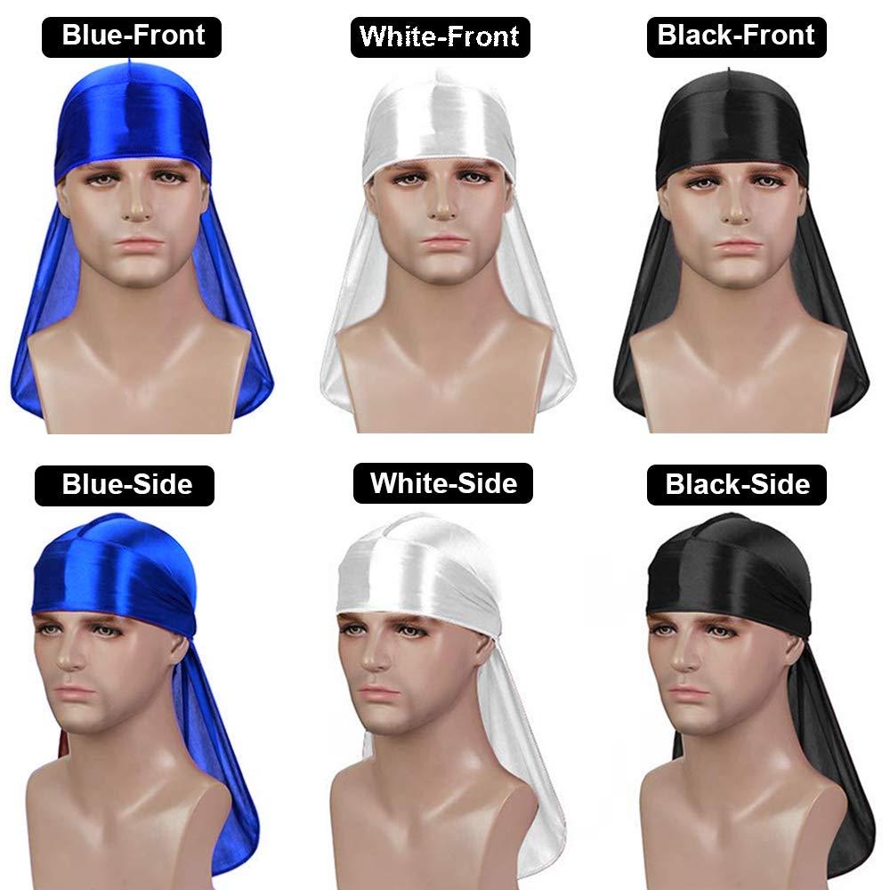 Sdiahoo 3PCS Silky Durags for Men Waves, Good Compression Doo Rag for 360 540 720 Waves, Ideal Gifts for Father\'s Day (Blue, White, Black)