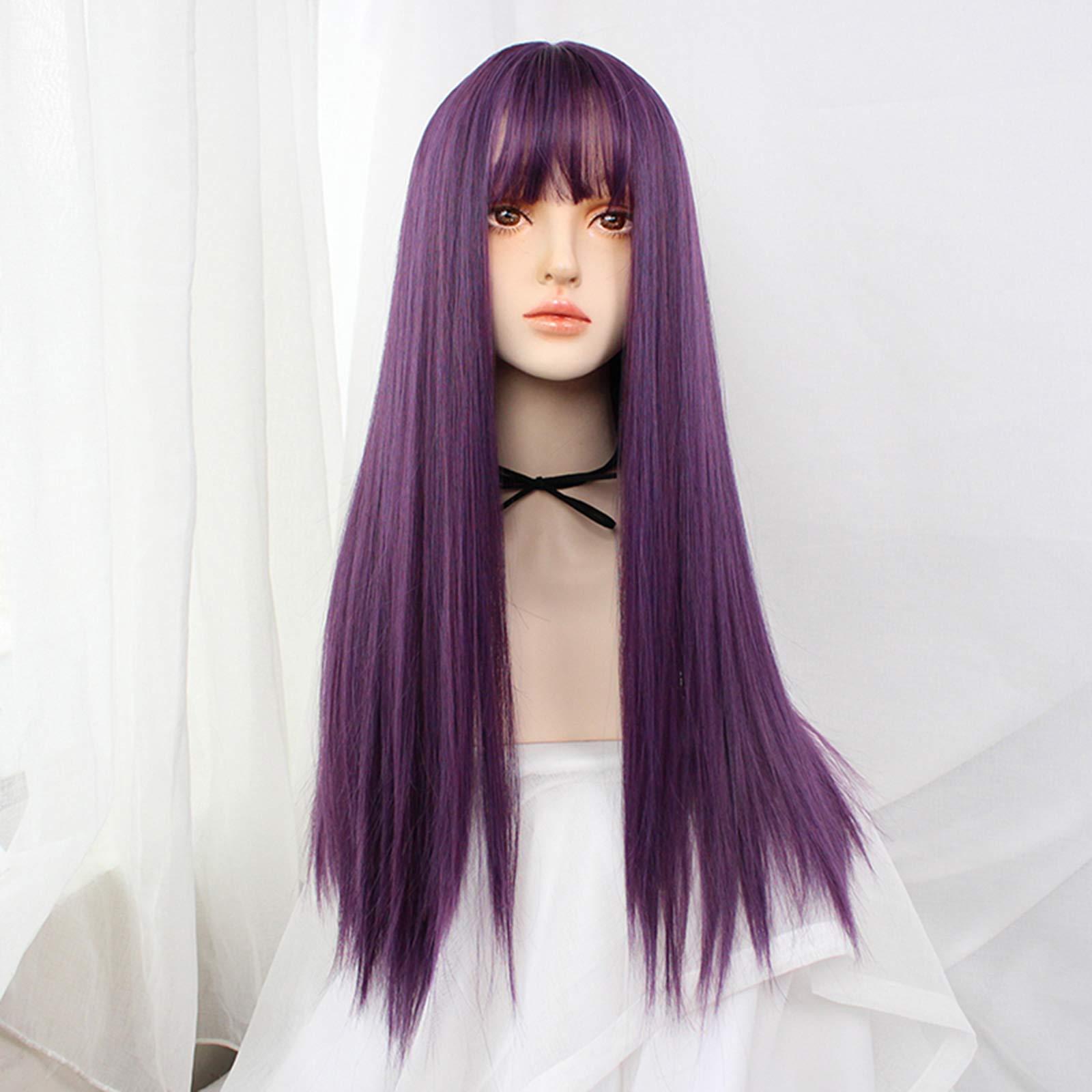 ZXCASDF ZXCASDF Wig Female, Purple Wig Long Hair, Lolita Natural Lifelike Long Straight Hair Harajuku Temperament COS Full Headgear, Breathable And Easy To Wear,Feather purple