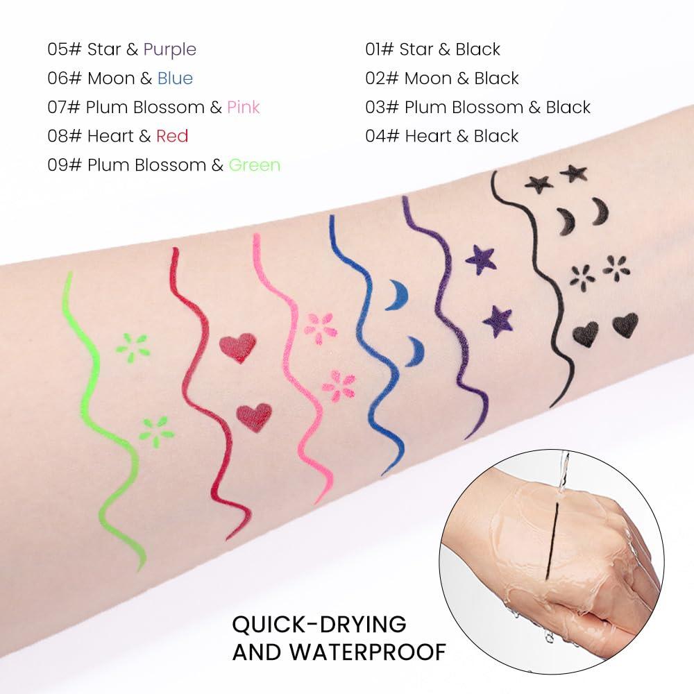 BINGBRUSH BINGBRUSH Double-head Liquid Stamp Eyeliner Pencil, Colors Flowers Heart Moon Star Shapes Face Stamps Makeup Colorful Waterproof Slim Gel Felt Tip High Pigment Liquid Eyeliner (03#Flower&Black)