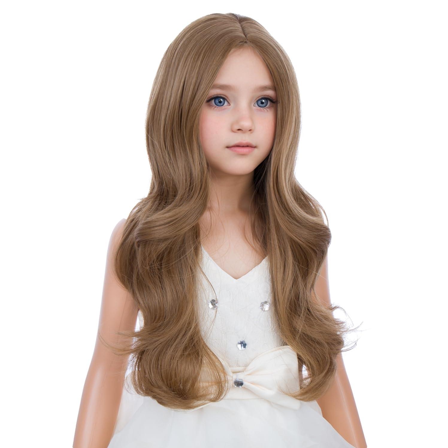PATTNIUM PATTNIUM Kids Child Brown Wig Long Curly Wavy Ginger Wig for Girls Middle Part Shoulder Length Synthetic Wig with Wig Cap