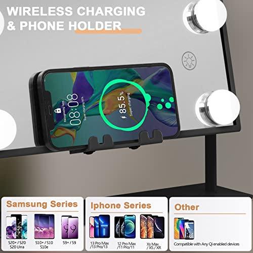 Hansong Hansong Vanity Mirror with Lights and Wireless Charging Hollywood Mirror with Lights and Phone Holder 12 LED Bulb Music Speaker Makeup Mirror with Lights 3 Color Lighting Modes Black