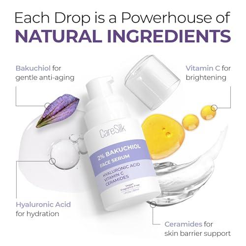 CARESILK Bakuchiol Face Serum - Natural Retinol Alternative Extract - Renewal Facial Moisturizer - Vitamin C Pure Vegan Treatment - Para Las Arrugas