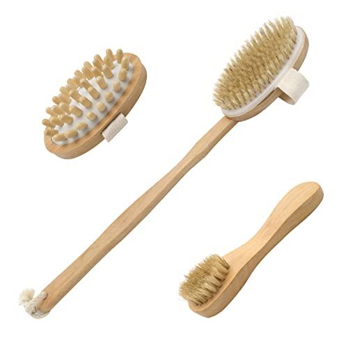 Ptvale Dry Brush for Cellulite and Lymphatic, Dry Brushing Body Brush Set Natural Boar Bristles Exfoliating Back Scrubber with Long Handle Face Brush and Cellulite Massager for Dead Skin Removing 3 PCS