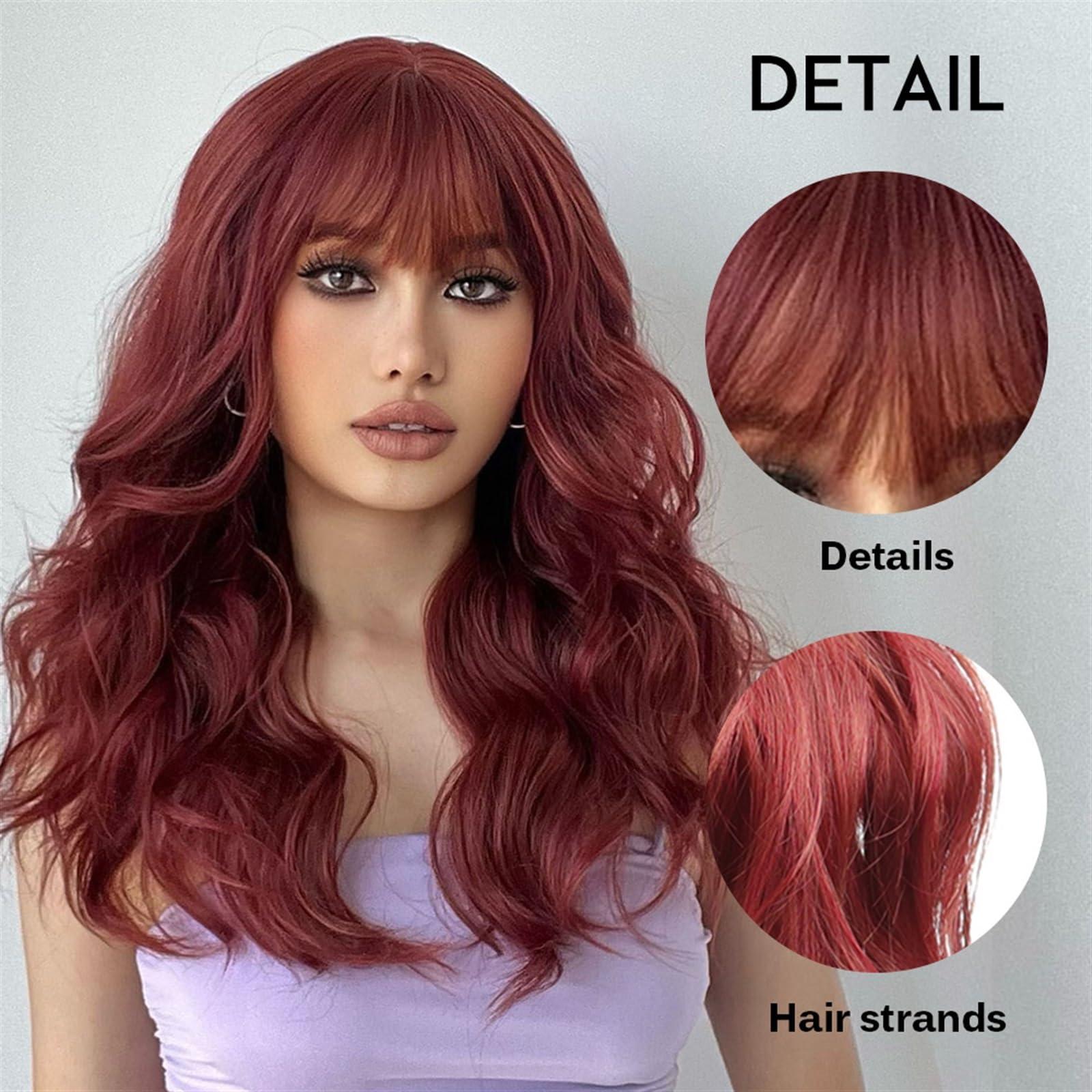 CLoxks CLoxks Wigs Dark Red Wigs with Bangs Long Wave Synthetic Wig High Quality Cosplay Lolita Women Wigs Natural Hair Heat Resistant Lace Wigs