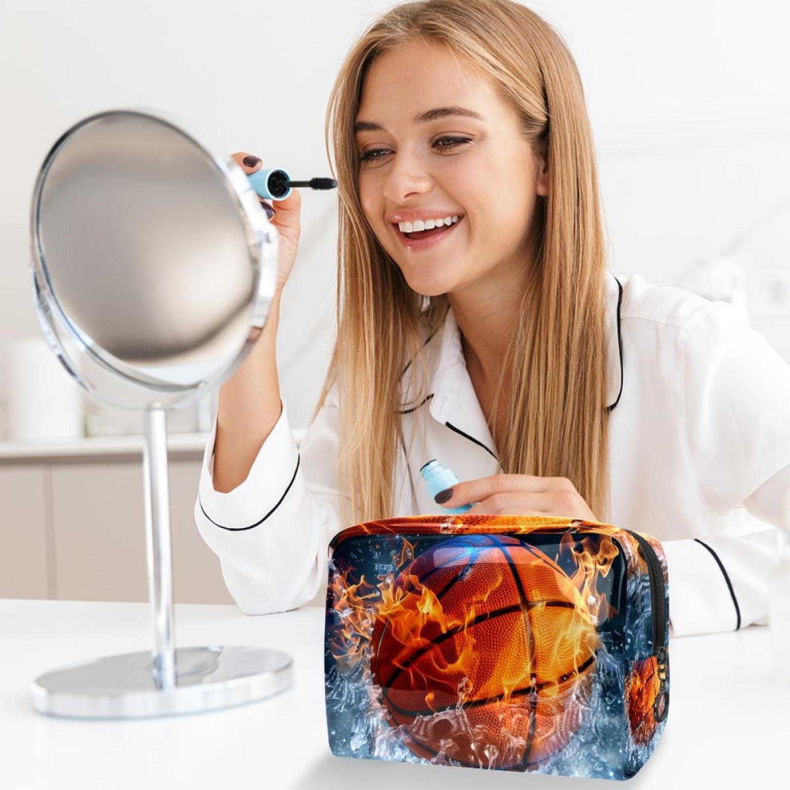 Anna Cowper Anna Cowper Fire Ice Baseketball Cosmetic Bags, Portable Travel Makeup Bags with Zipper, PVC Cosmetic Pouch Small Toiletry Bag Organizer Bags
