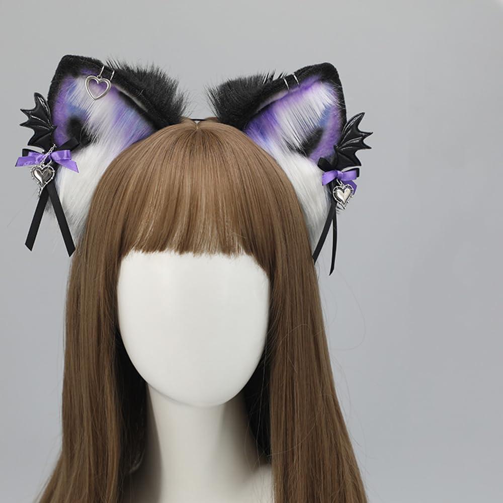 TTYAO REII TTYAO REII Gothic Fox Ears Headband Faux Fur Wolf Cat Hairband Animal Ears Headwear Fluffy Headdress for Anime Cosplay (Black and Purple)