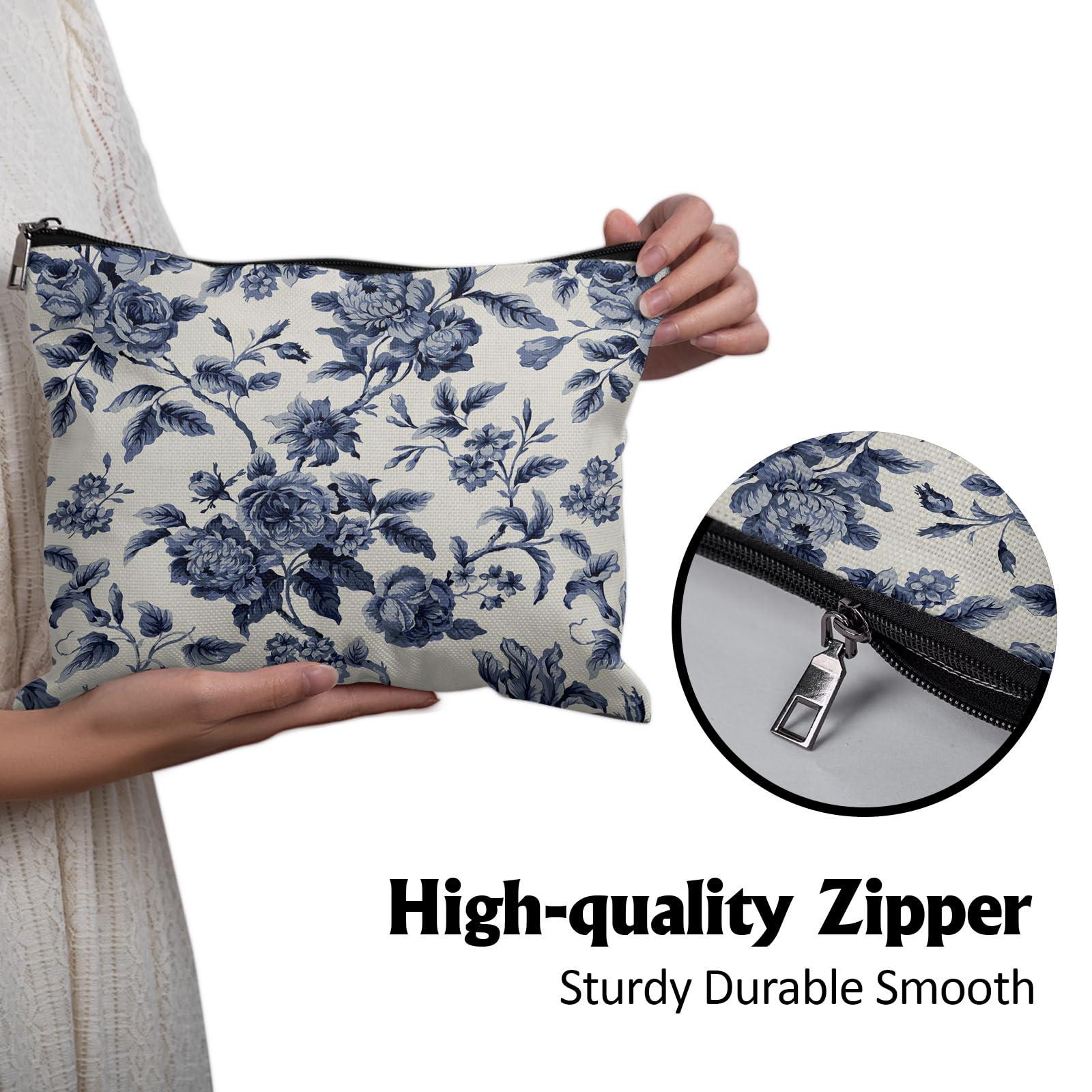 Cafl Cafl Blue Flowers Makeup Bag Botanical Flower Cosmetic Bag for Women Large Capacity Make Up Bag Portable Travel Toiletry Pouch Organizer 10 * 8inch