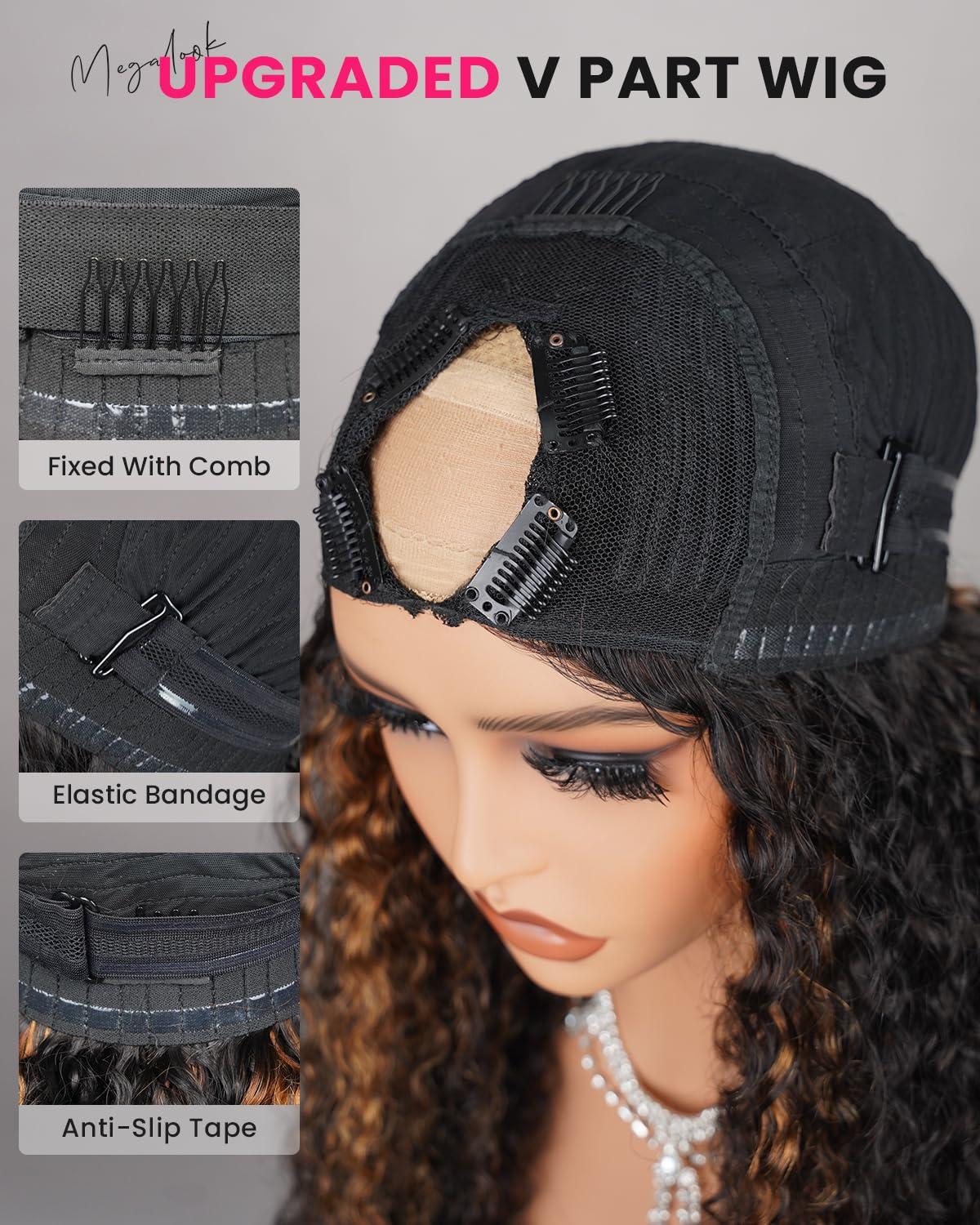 MEGALOOK MEGALOOK V Part Wig Human Hair Highlight Wig 12A Deep Curly Wig Human Hair 180% Density Half Wigs for Women Glueless U Part Wig with Clip Beginner Friendly No Sew In No Glue 18 Inch FB30#