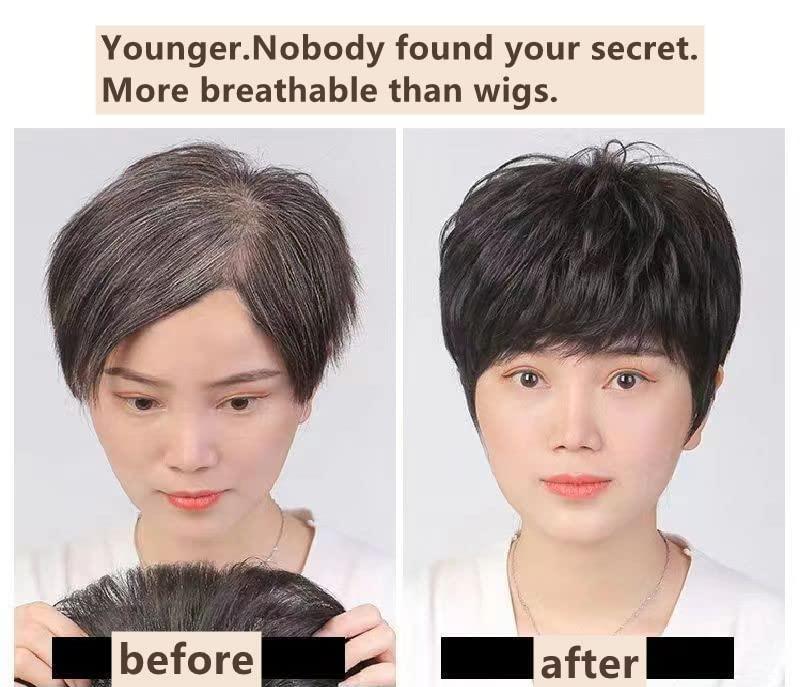 BESTOPPER BESTOPPER Human Hair Short Curly Hair Toppers For Women,16X18cm Womens Large Base Pixie Hair Toppers For Thinning Bouffant Hairstyles Short Hair Hair Extensions (Jet black(1#), Wavy/straight)