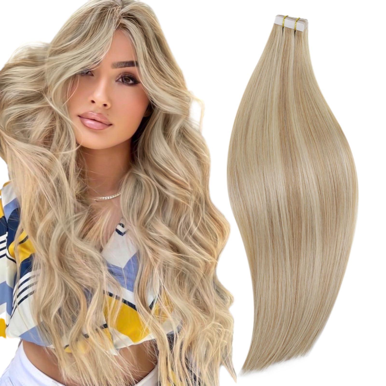 RUNATURE RUNATURE Ash Blonde Highlight Tape in Human Hair Extensions 24Inch Straight Weft Hair Extensions Real Human Hair Platinum Blonde 22 Inch Full Ends