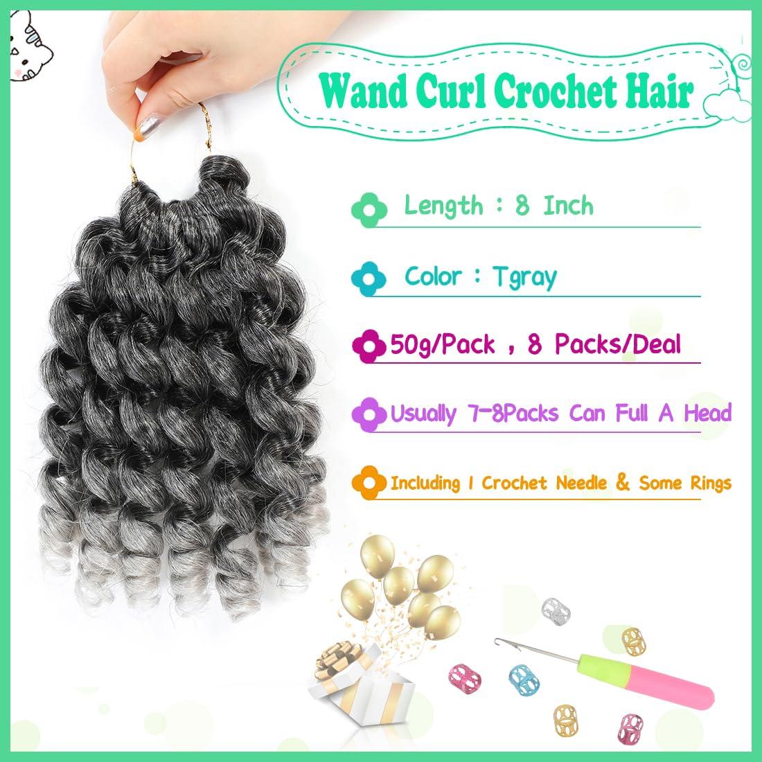 Aclovcy 8 Pack Jamaican Bounce Crochet Hair Curly Crochet Hair 8 Inch Wand Curl Crochet Hair For Black Women Jamaican Twist Braid Hair Short Crochet Curly Hair Extensions(8 Inch (Pack of 8),Tgray)