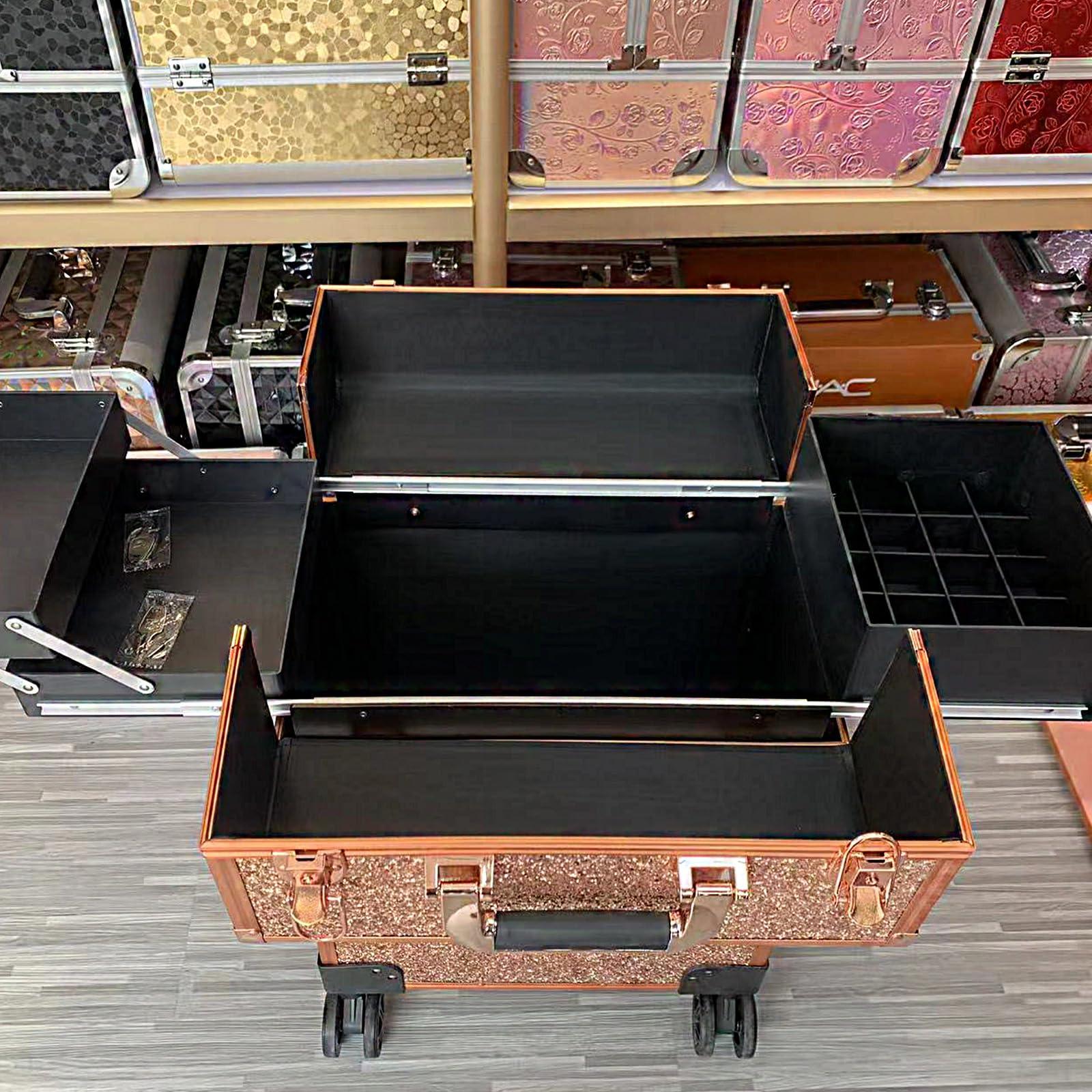 AXHNG Professional Makeup Train Case, Aluminum Cosmetic Case, Rolling Makeup Train Case with Large Drawer with 360 Swivel Wheels and Multi-Layer Storage Provide Life Convenience (H,14.43*8.97*19.11in)