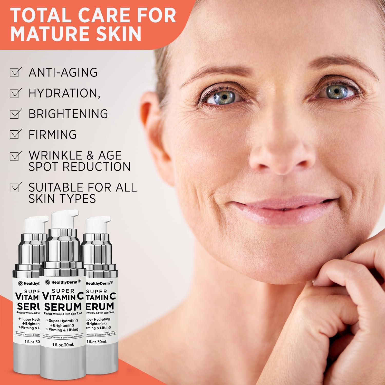 HealthyDerm Super Vitamin C Serum for Women Over 70: Niacinamide, Vitamin C, Hyaluronic Acid, Peptides, Vitamin E, Caffeine, Bakuchiol, Hydrating, Lifting, Wrinkle & Age Spots Reduction Pack of 3