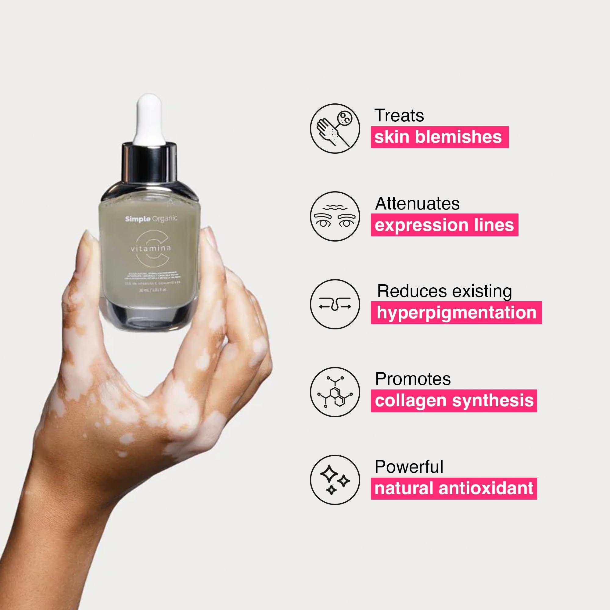 Simple Organic SIMPLE ORGANIC - Vitamin C Serum - Luminous Skin, Boosts Collagen Production, Reduces Pores and Expression Lines, Protects Against UV Rays, Skincare Routine, Day & Night Serum