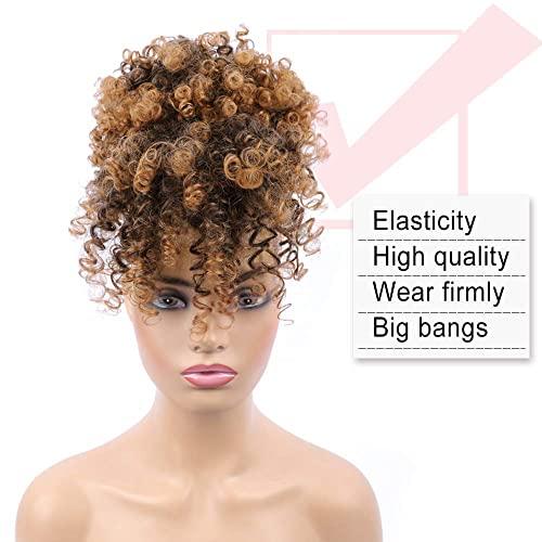 ENTRANCED STYLES ENTRANCED STYLES Drawstring Ponytail with Bangs Afro Puff Ponytail Extensions for Women Short Curly Puff Ponytail with Bangs Clip in Wrap Updo Hairpiece for Women(T30)