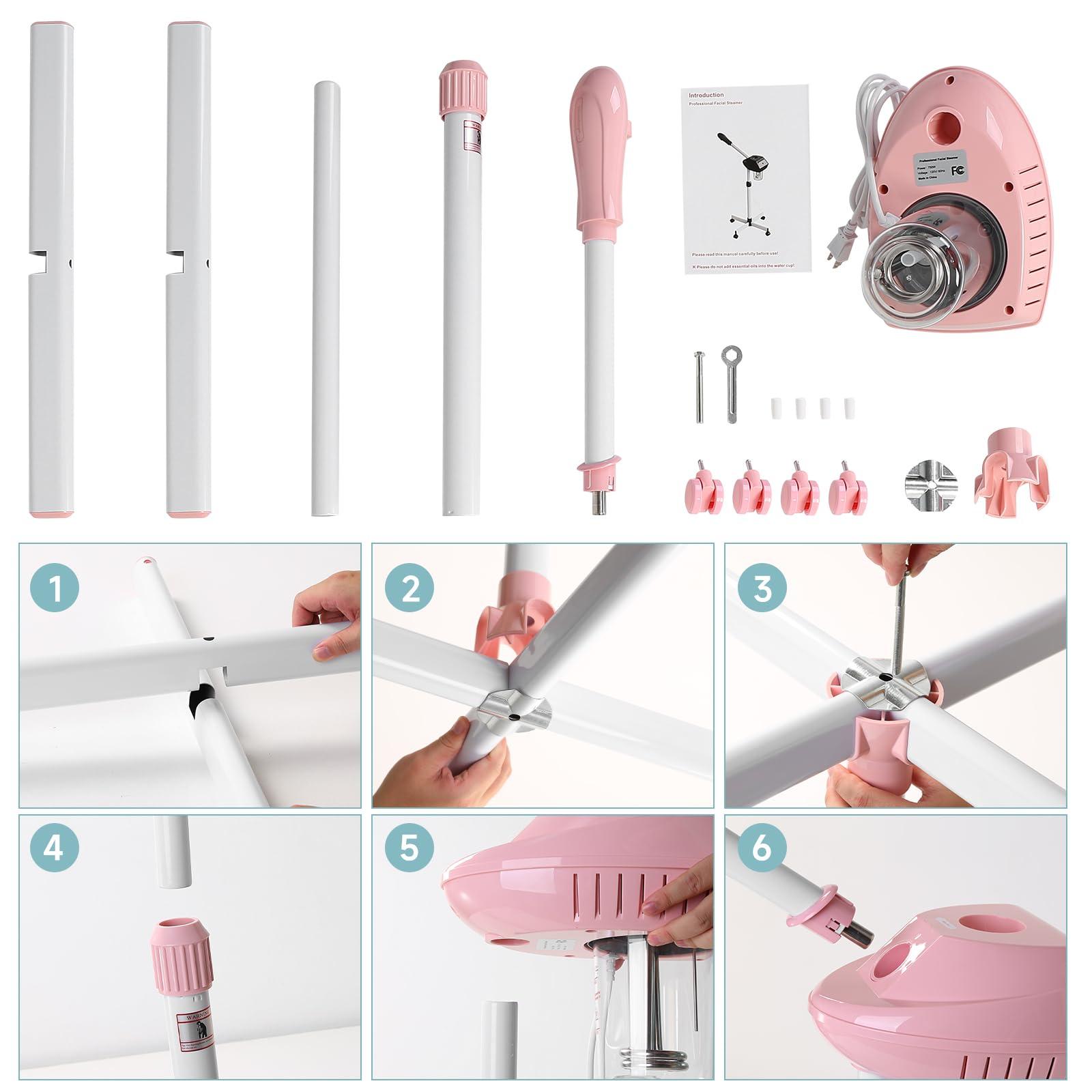 Niuadage Professional Facial Steamer, Facial Steamer on Wheels, Ozone Facial Steamer, Standing Face Steamer, SPA Facial Steamer for Salon and at Home Use, Touch Control, Timing Function, Pink