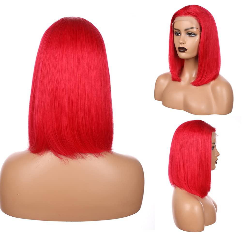 SUNFA Red Bob Lace Front Wigs Human Hair Pre-Plucked Short Cut Bob Wigs for Black Women Bleach Knots Middle Part with Baby Hair Glueness Natural Hairline 13X4X1 T Part Bob Lace Front Wigs 8Inch 180% Density