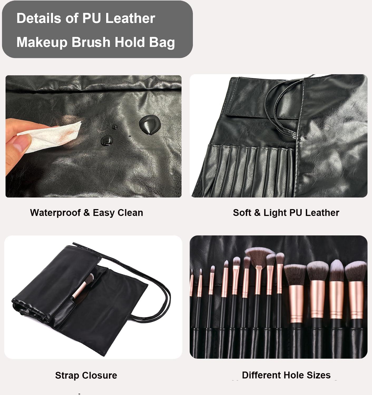 KAKKOII KAKKOII Makeup Brush Bag, PU Leather Makeup Brush Organizer, 16 Slots Portable Makeup Brush Pouch, Travel Mesh Cosmetic Bag With Foldable Makeup Brush Cleaner Bowl