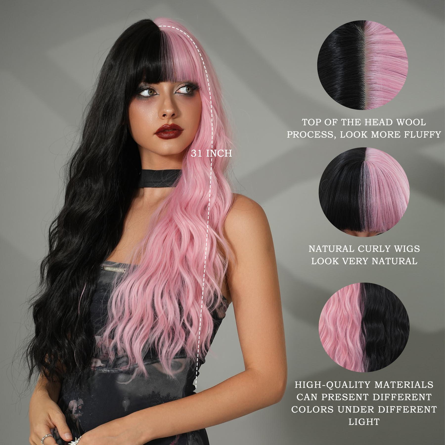 7JHH WIGS 7JHH WIGS 31in Half Black Half Pink Long Loose Wavy Wigs with Bangs Natural Heat Resistant Synthetic Fiber Highlight Ombre Curly Wave Black Pink Women Wigs for Chrismas Daily Party Daily Used