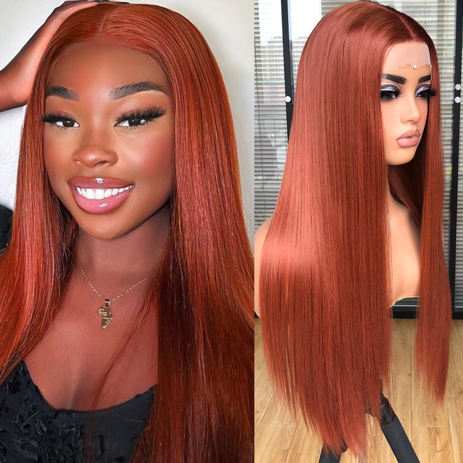 MURAME MURAME 26Inch Lace Front Ginger Wig,Pre-Plucked 13x4x1 Synthetic HD Lace Front Wigs for Women Long Straight Glueless Ready to Wear Wig Orange Ginger Wig