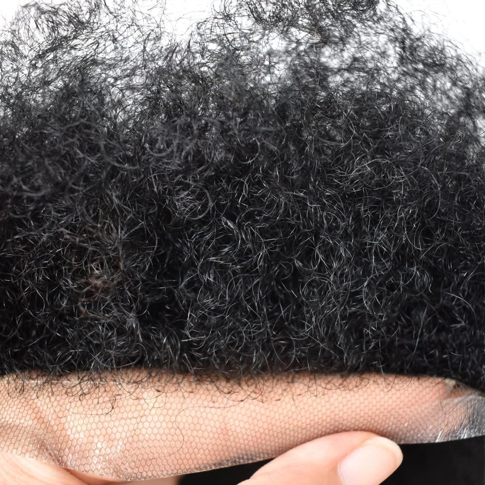 Healthlif Afro Curl Toupee for Black Men Full Lace Hair Toupee African American Coily Hunman Hair Replacement Systems For Black Men Natural Hairline Breathable French Lace Afro Toupee Kinky Curly Black Mens Unit (8\'\'X10\'\', #1 JET BLACK-12MM wave)
