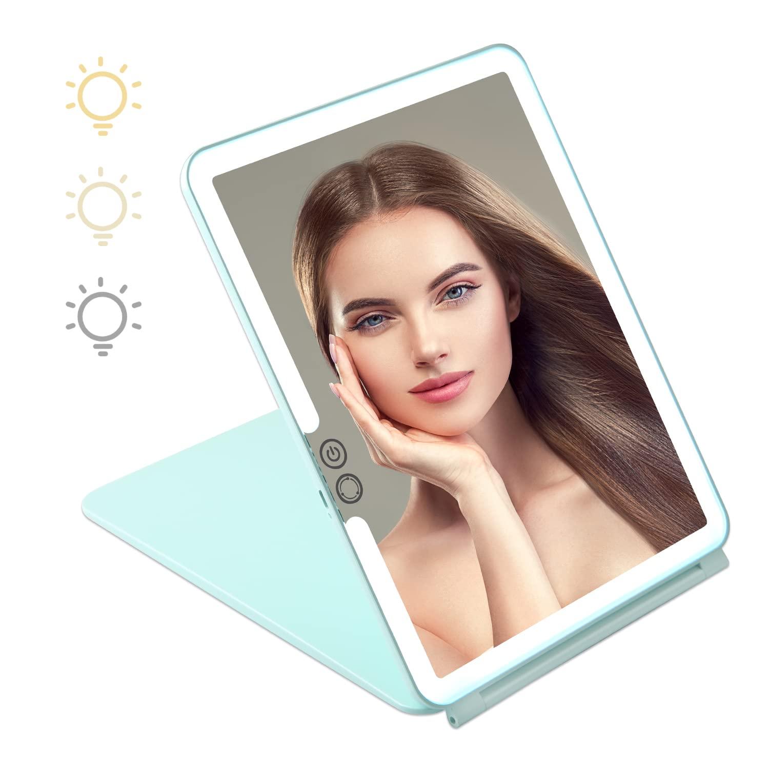 KDKD KDKD Folding Travel Mirror Lighted Makeup Mirror with 72 LEDs 3 Colors Light Modes USB Rechargable 2000mA Batteries Ultra Thin Compact Vanity Mirror with Touch Screen Dimming for Cosmetic Green