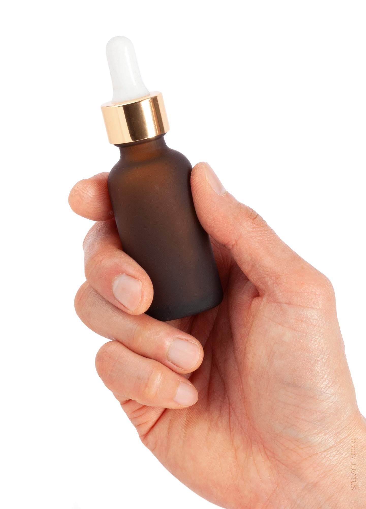 JUVITUS JUVITUS 1 oz / 30 ml Frosted Amber Glass Boston Round Bottle with Gold Metal and Glass Dropper (6 pack) + Funnel