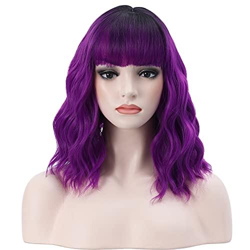 BERON BERON 14 Inches Black Purple Ombre Wig Short Curly Wig with Bangs Purple Wig Synthetic Wigs Women Girls Ombre Wig with Wig Cap