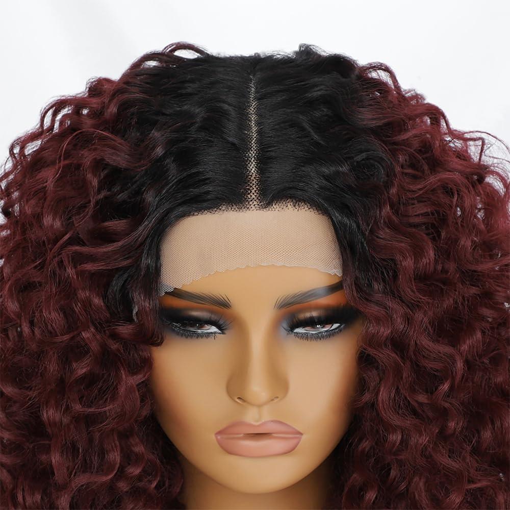 Felek Felek 16inch Curly Lace Front Wigs Middle Part Jerry Curl Wig Ombre Burgundy Color T Lace Front Curly Synthetic Pre-Plucked Deep Curly Wigs For Black Women(T1B/BUG)