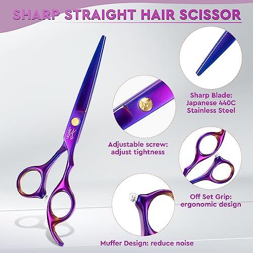 JASON JASON Hair Scissors Professional - 10 PCS Haircut Scissors Set, Thinning Shears for Hair Cutting with 30 Teeth, Straight Shears for Men Women Home Salon Barber (6.7\", Purple)