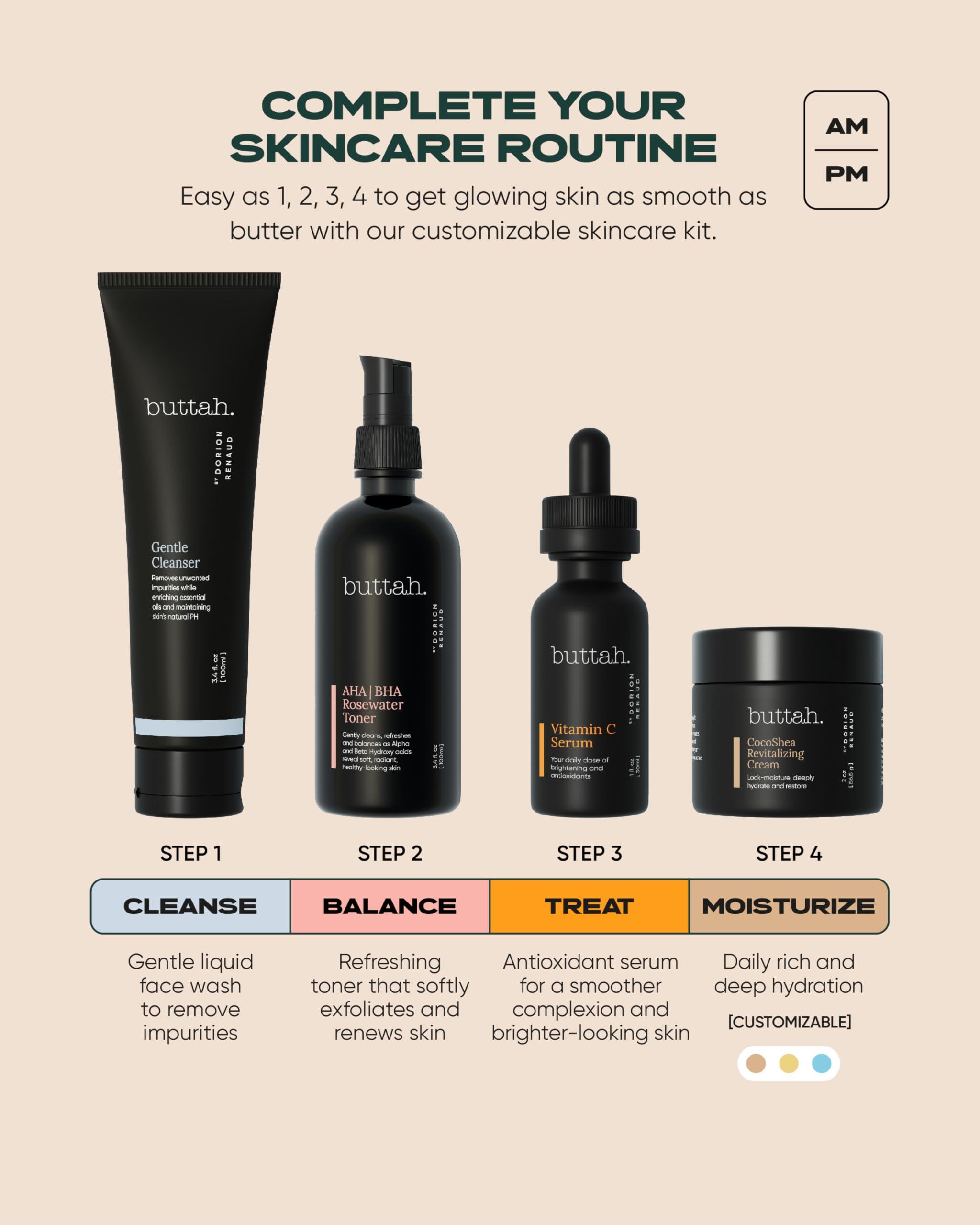 buttah. by Dorion Renaud Buttah Skin Supreme Kit for Melanin Rich Skin | CocoShea Revitalizing Cream 2 oz | Vitamin C Serum 1 oz | Cleanser 3.4 oz | Rosewater Toner 3.4 oz | Black Owned Skincare