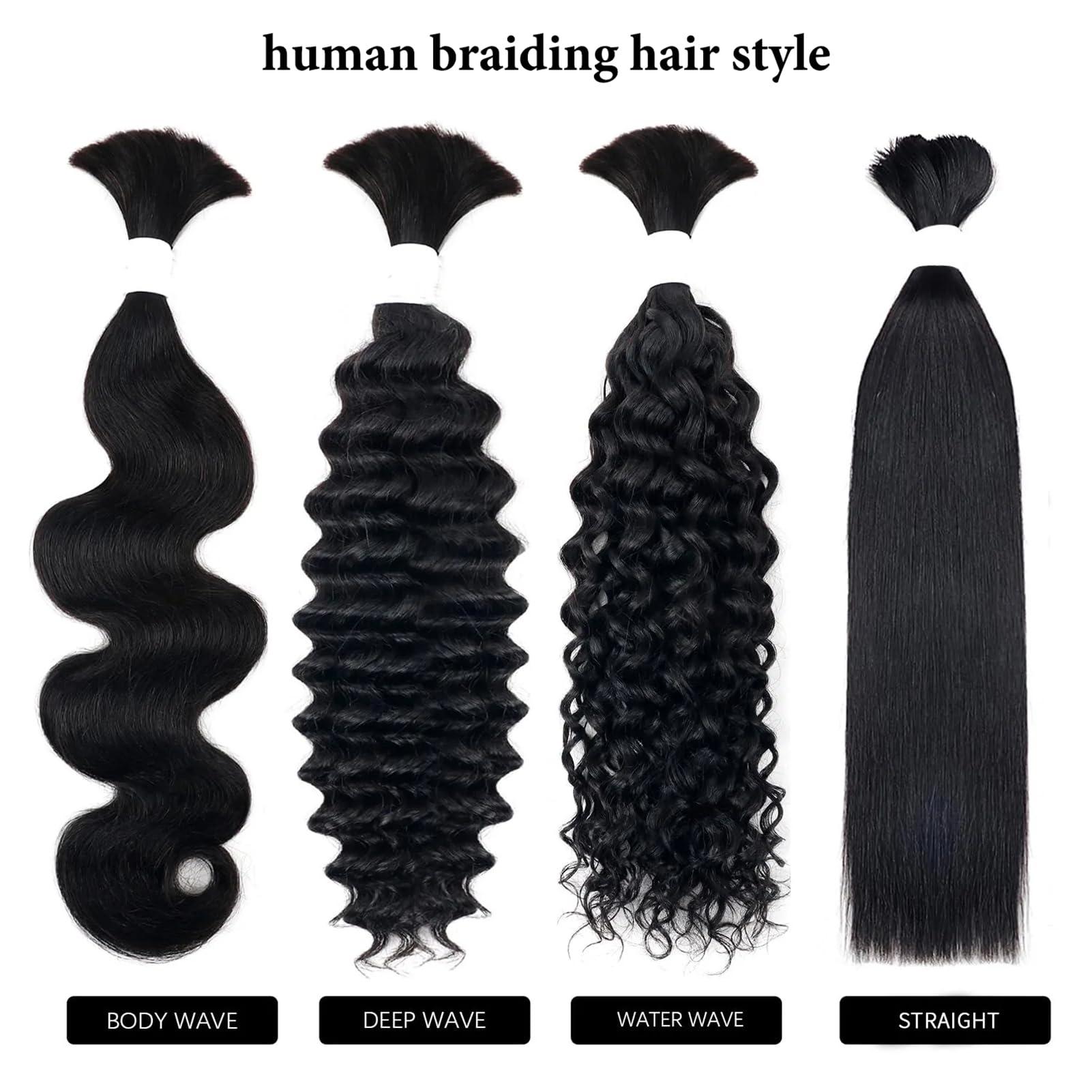 Aosome Human Braiding Hair Deep Wave Bulk Human Hair for Braiding 2Bundles/100g No Weft 10A Wavy Human Braiding Hair for Boho Braids 100% Brazilian Virgin Curly Human Hair Extensions (DEEP WAVE, 24inch)