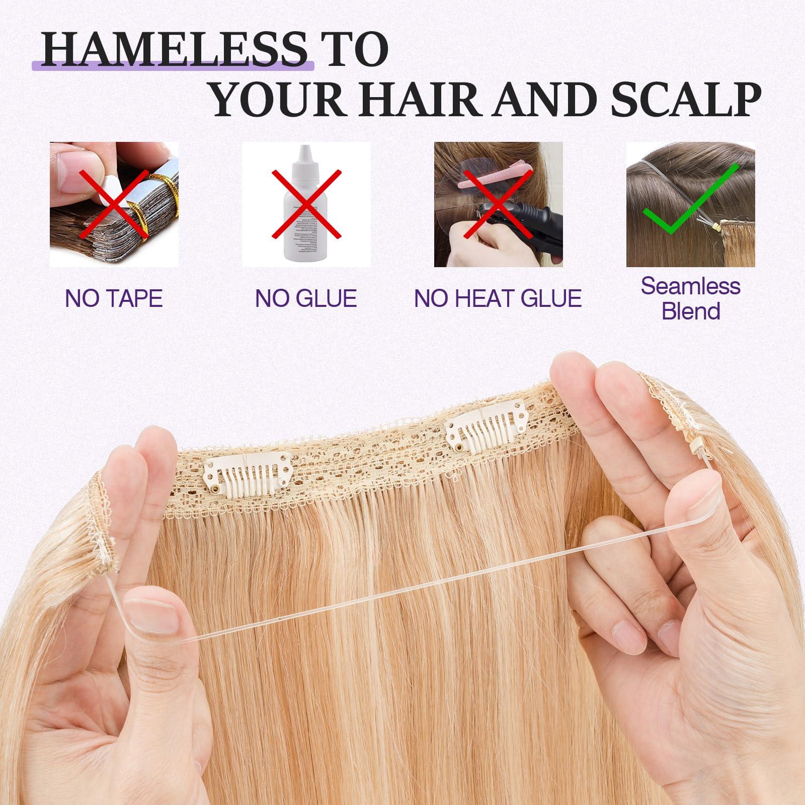prokyvity Halo Hair Extensions Real Human Hair,Prokyvity Halo Hair Extension 100% Human Hair,Halo Extensions Real Human Hair,Human Hair Halo Extensions,18P613 Gold Blonde Mixed Bleach Blonde 16inch