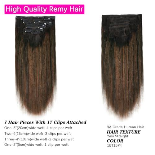 LOVRIO Lovrio Yaki Straight Clip in Human Hair Two Tone Rooted Black to Natural Black #1B Mixed With Chocolate Brown #4 Light Yaki Clip in Remy Human Hair for Black Women Yaki Hair 20 Inch 120G