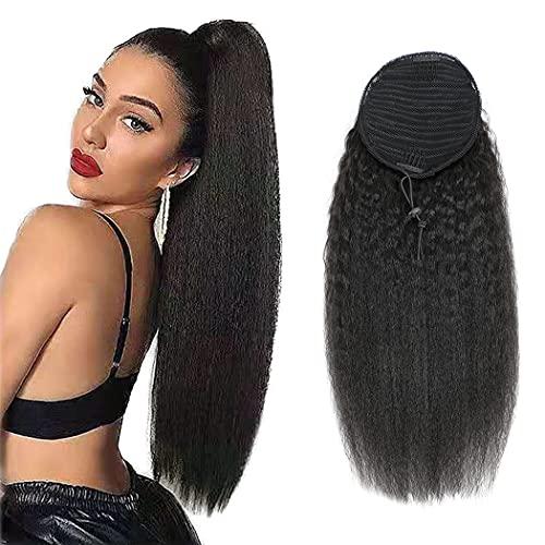 R RACILY HAIR Kinky Straight Ponytail Extensions Human Hair Wrap Drawstring Adjustable Clip In Pony Tail Yaki Curl Natural Black (22")