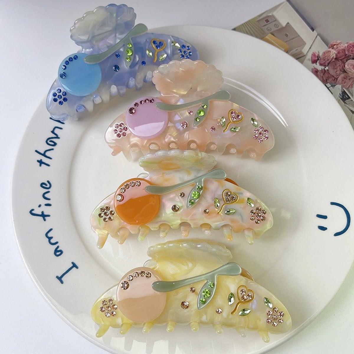 OMG Decor Flower with Diamond Hair Clips,Cellulose Acetate Hair Clips,Small Claw Clips for Girl,Hair Accessories,Pink