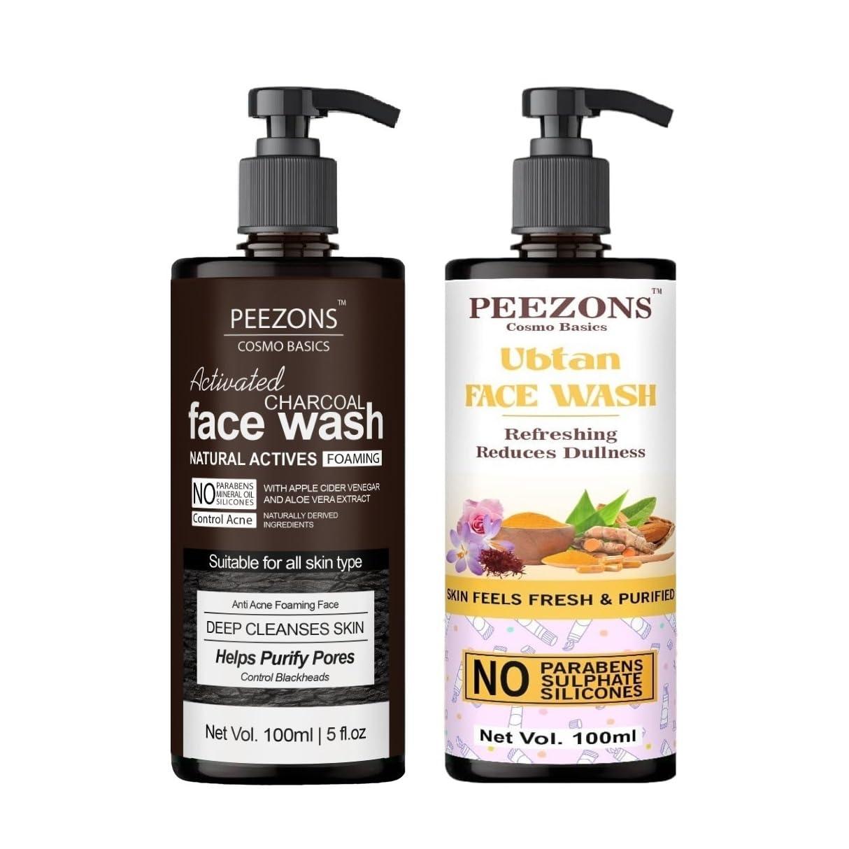 PEEZONS PEEZONS Combo Of Activated Charcoal And Ubtan Face Wash With Pump For All Skin Type Paraben Free - 100 ML