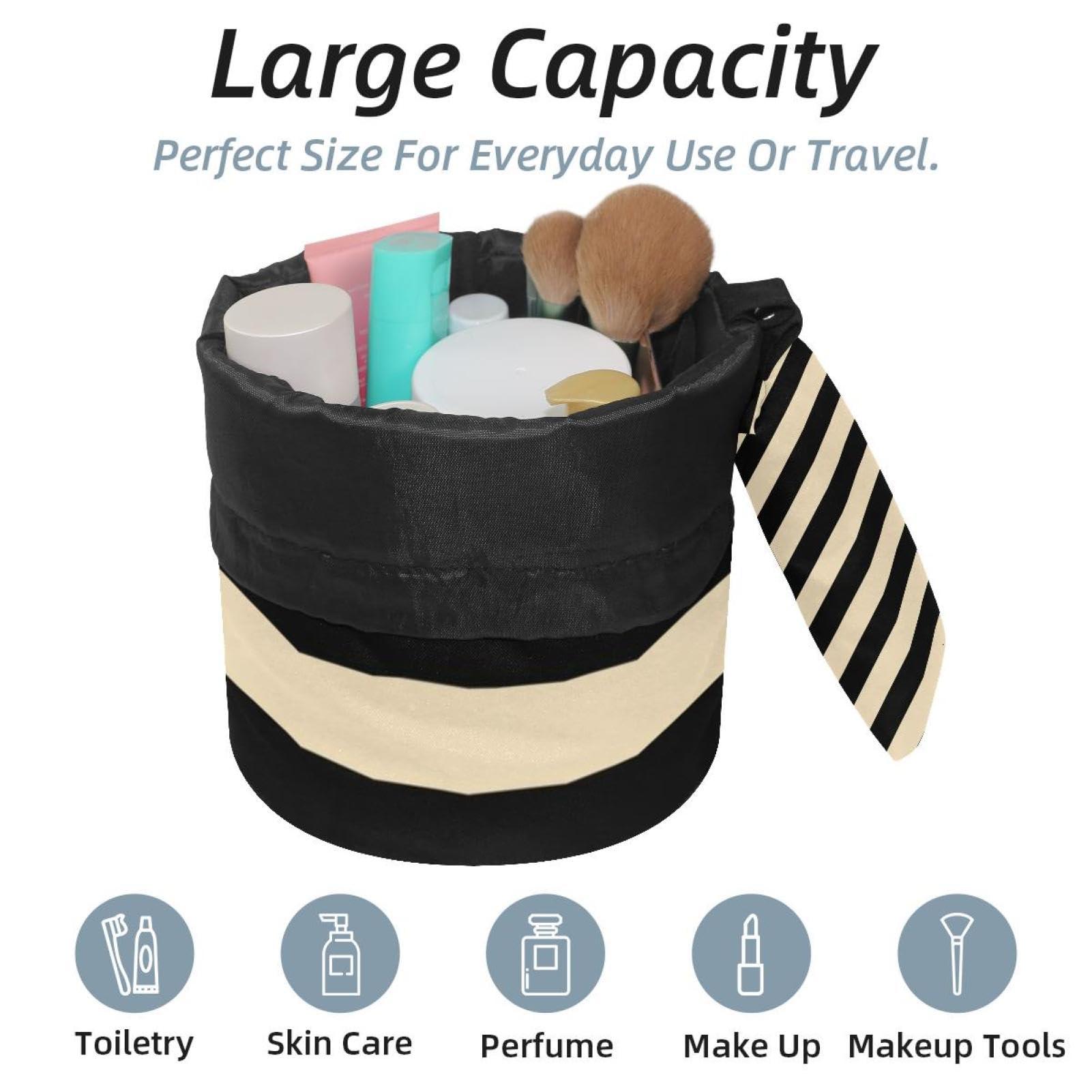 LSHDNG Drawstring Travel Cosmetic Bags Barrel Makeup Bag, Black American Football Stripe Large Toiletry Organizer Waterproof for Women