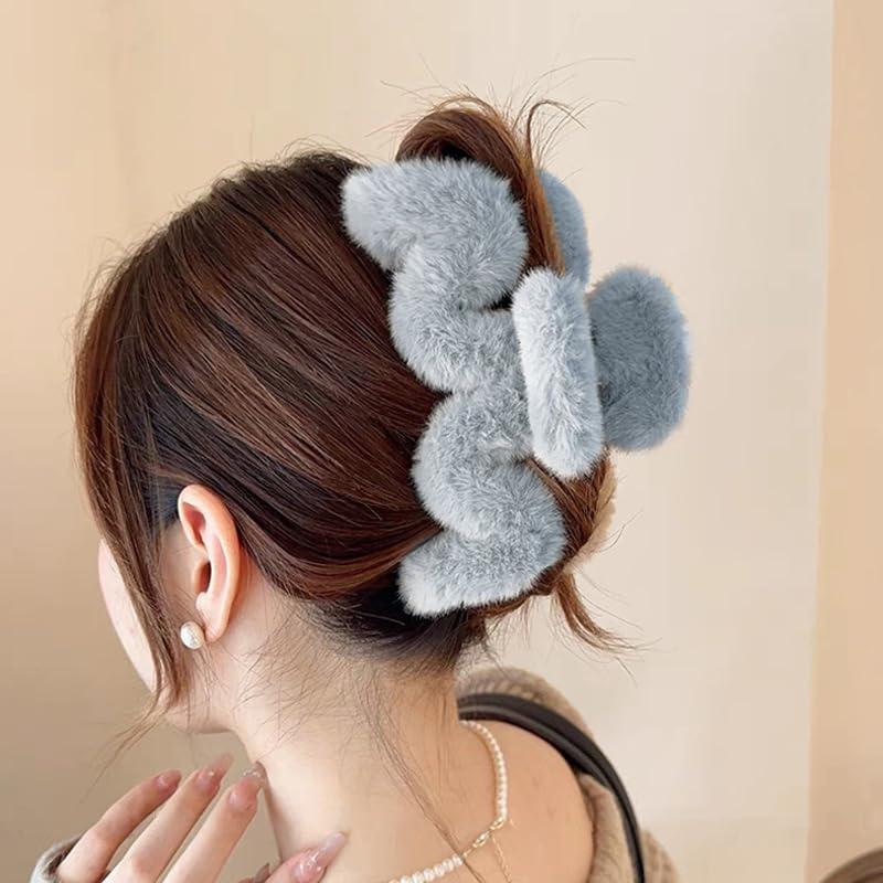 BIECWIAY Cute Furry Claw Clips for Curly Hair Elegant Fluffy Plush Faux Fur Large Hair Clip For Thin Long Hair Non-Slip for Women and Girls