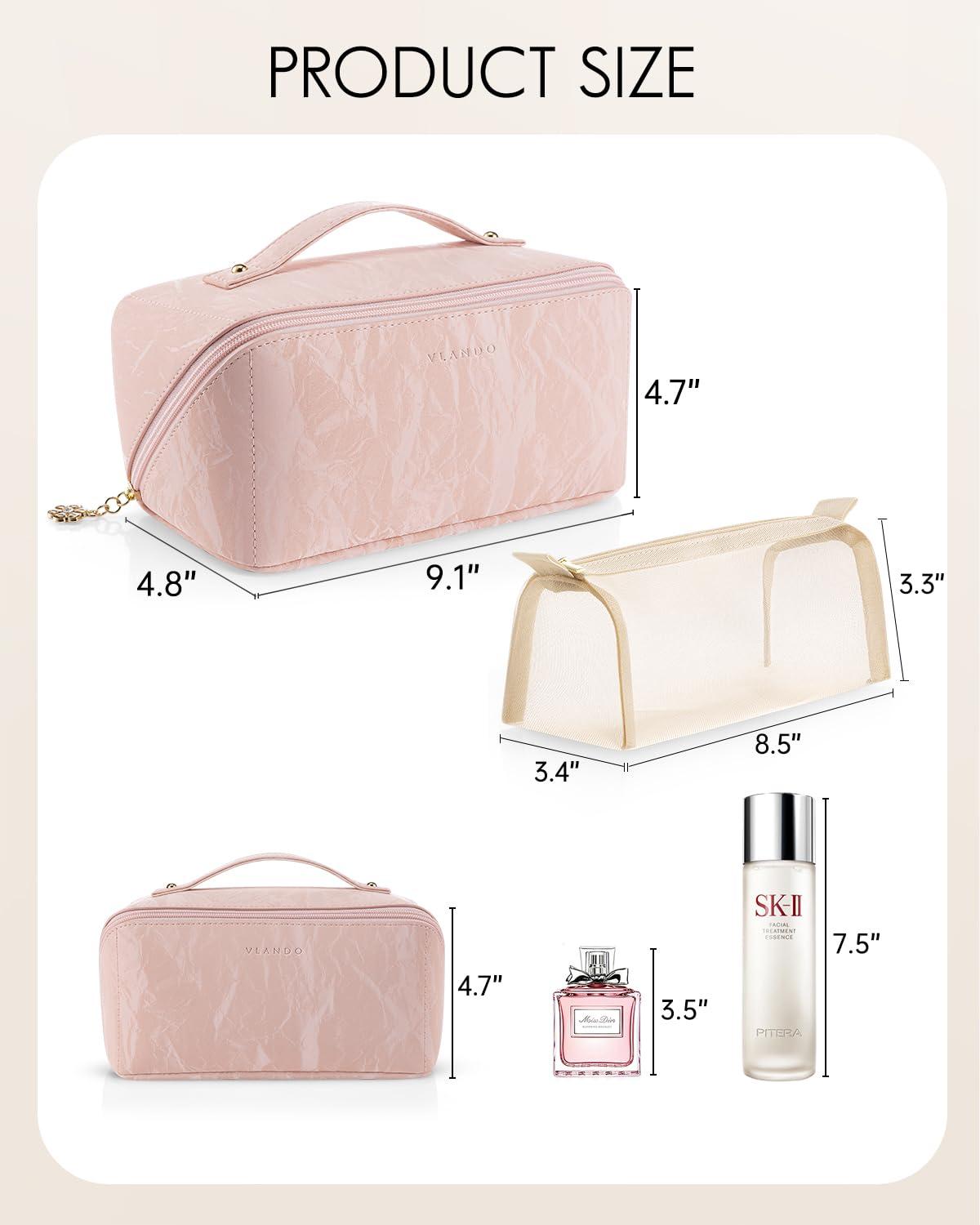 Vlando Vlando Makeup Bag,Travel Makeup Bag Waterproof Portable Cosmetic Bag PU Leather Open Flat Make up Organizer for Toiletries,Christmas Gifts Birthday Gifts for Women Girls Travelers(Sand Pink)