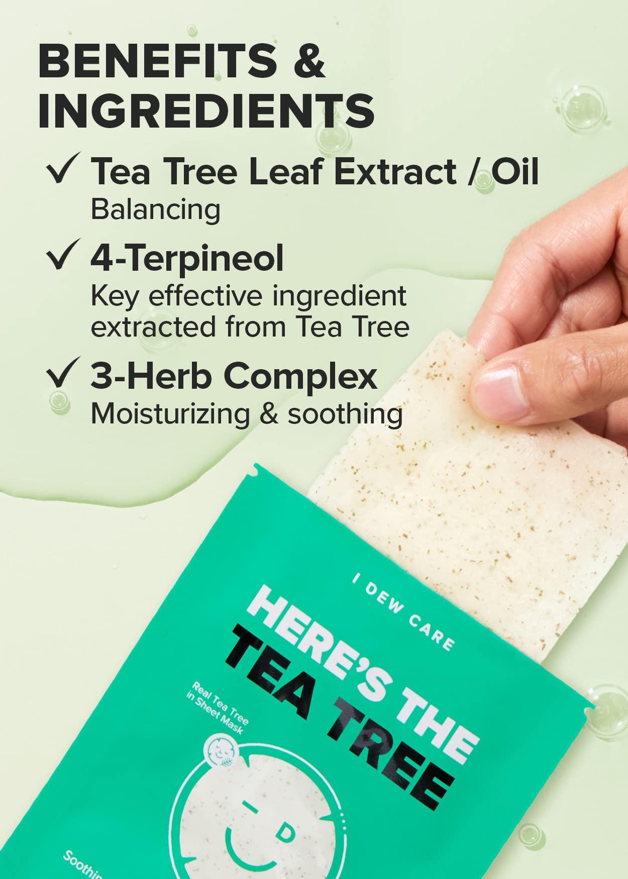 I DEW CARE I DEW CARE Sheet Mask Pack - Here's The Tea Tree | with Tea Tree Leaf Extract, Soothing, Balancing Korean Face Mask Set for Oily & Sensivitive Skin, Hydrating, Moisturizing (10 Count)