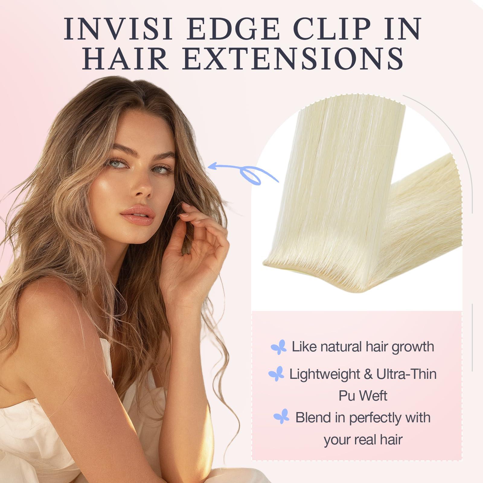 DOORES DOORES Clip in Hair Extensions Human Hair 18 inch 110g 7pcs, Platinum Blonde Virgin Human Hair Clip in Extensions, Invisi Edge Clip in, Silky Straight Human Hair Extensions for Women