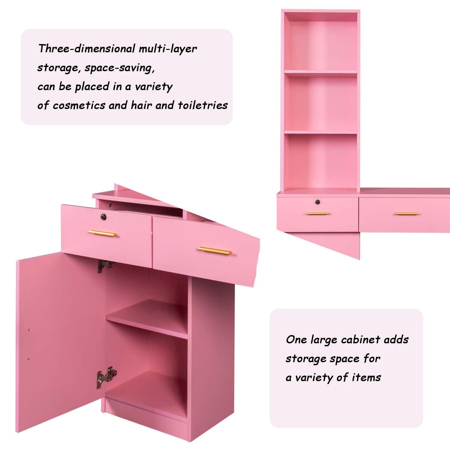 Shuoya Jewelry Salon Stations, Barber Stations Vanity Desk with Open Storage Shelf and Drawers, Hair Styling Equipement Set for Hair Stylist Bedroom Make Up Room Girls Women (Pink)