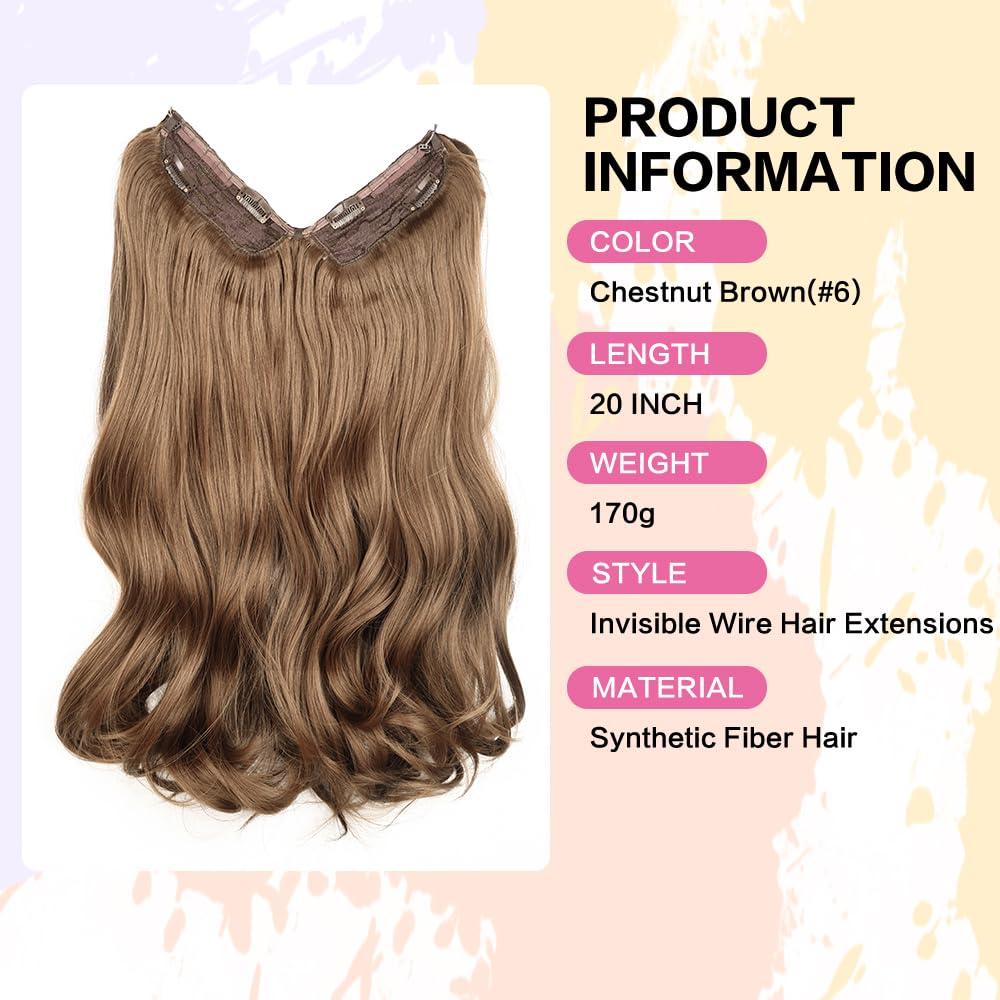 TOZIKA Halo Hair Extensions 20 Inch Medium Brown Invisible Wire Hair Extensions Adjustable Long Wavy Hair Extensions 4 Secure Clips in Hairpieces Natural Looking Fiber Wig for Daily Party Use (Brown)