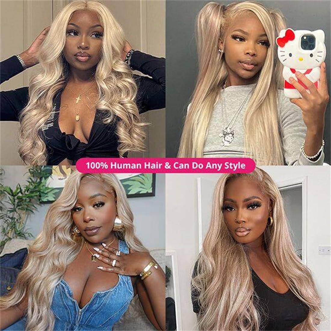 Rina Rina 200% Density Milk Tea Ash Blonde Lace Front Wig Human Hair Upgrades Body Wave Platinum Grey Balayage Lace Front Wig More Full and Thicker 13x4 HD Invisible Frontal Wig for Women 18 Inch