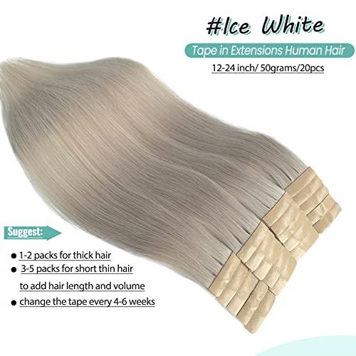 Licoville Ice Blonde Tape in Extensions 100% Real Remy Human Hair 18 Inch 50grams 20pcs Double Sided Invisible Tape in Icy Blonde Hair Extensions Silky Straight Can be Curled
