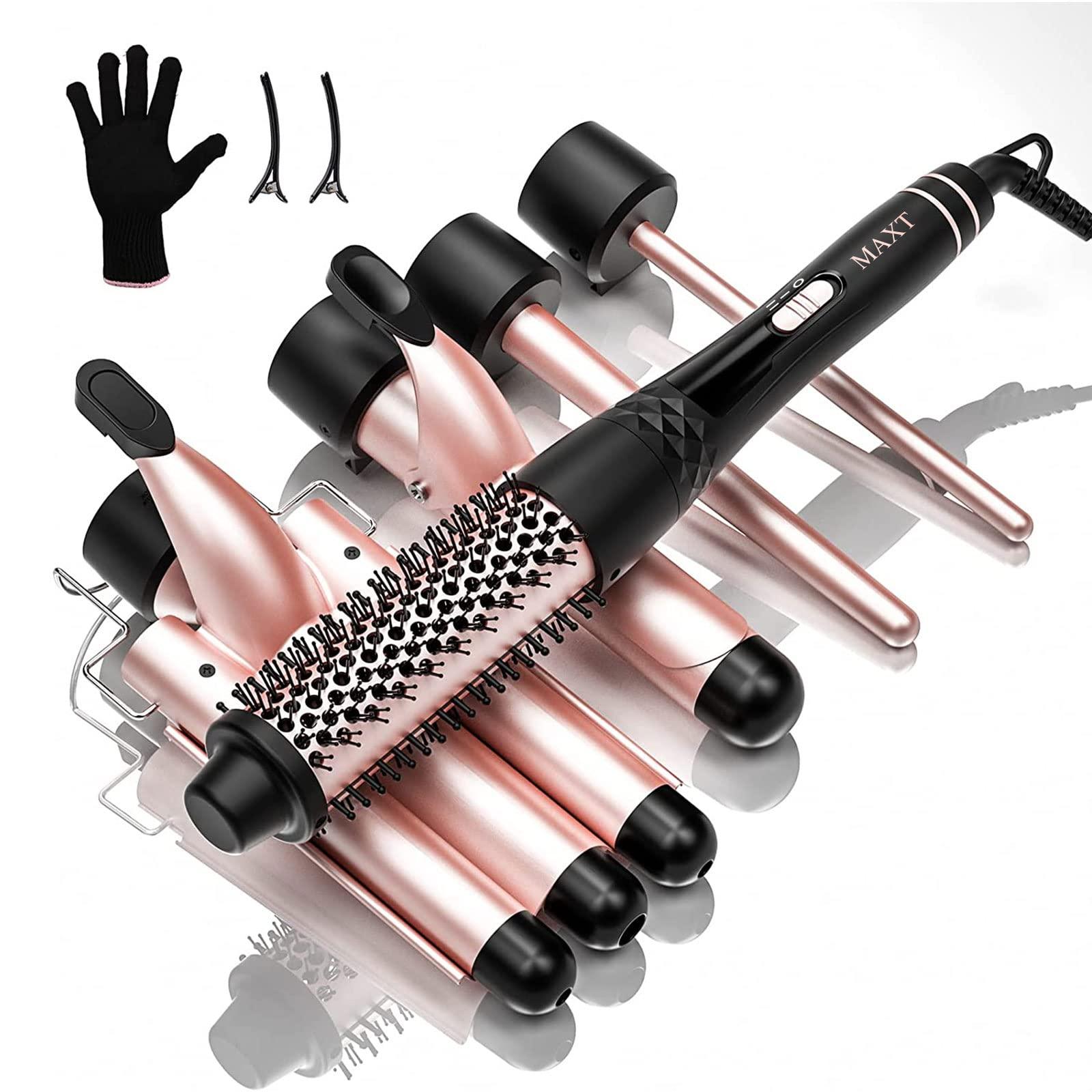 MAX-T Curling Iron Set 5 in 1,MAXT Curling Wand Set Interchangeable Triple Barrel Curling Iron and Curling Brush Ceramic Barrel Wand Curling Iron(0.35-1.25)