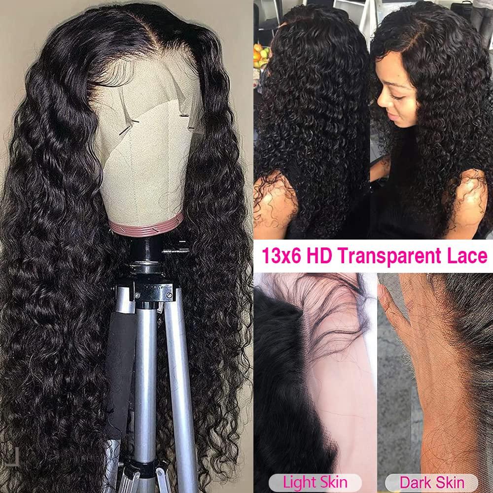 CHEETAHBEAUTY CHEETAHBEAUTY Deep Wave 13X6 HD Transparent Lace Front Wigs Brazilian 10A Grade Deep Curly Human Hair Wigs for Black Women Pre Plucked with Baby Hair Natural Black 180% Density (16inch)